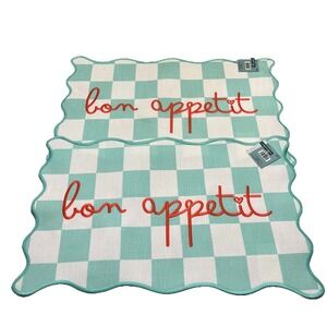 The Spring Shop Bon Appetit‎ Scalloped Placemat Teal White 14x22 Set Of 2